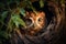 an owl stealthily emerging from its tree den