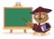 Owl teacher with book and pointer stands near blackboard