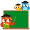 Owl teacher and students in the classroom. Vector illustration