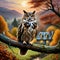 An owl on a tree branch, with autumn woodland, bathed in glow of a misty sunrise, mountains, above a quaint cottage, painting art