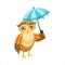 Owl With Umbrella Cute Cartoon Character Emoji With Forest Bird Showing Human Emotions And Behavior