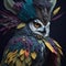 an owl wears a colorful feather