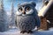 Owl in the winter forest. 3D illustration. Cartoon style. 3d cartoon illustration of a great grey owl in the winter, AI Generated