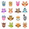 Owls. Color cute wise owl stickers, birthday kids shower funny forest birds with different gestures vector cartoon