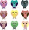 Owls icons, bright owls in different colors. Birds. Vector illustration.