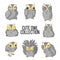 Owls illustration set. Collection with cute owls with various emotion in hand drawn cartoons style. Otus scops illustration set