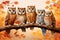 Owls perched on branches vector fall background