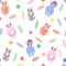 Owls seamless pattern on white background. Colorful backdrop with adorable owlets in different poses. Modern flat vector