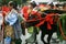 An ox drawning a car from the Toyotomi Hideyori procession at at Jidai Festival. Kyoto. Japan