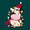 Ox with holiday tiny lights, Santa hat. Chinese Horoscope 2021 Year of the White Metal Ox. Chinese New year symbol of 2021. Cute