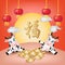 The OX present greeting happy fortune with the moon and gold coin. The Chinese langues is mean Happiness fortune. Vector on Red