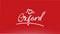 oxford white city hand written text with heart logo on red background