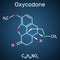 Oxycodone molecule. It is semisynthetic opioid medication used for treatment of pain. Structural chemical formula on the dark blue