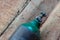 Oxygen tank industry medical safety value. Welding cylinder with gas. Repair work on the street. Compressed gas argon or carbon d