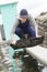 Oyster farmer cleans produce bassin darcachon region france