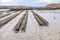 Oyster farming and oyster traps, floating mesh bags by Carrickfinn in County Donegal, Ireland