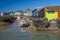 Oyster fishermen huts and boats in harbour at Oleron Island on Atlantic coast of France