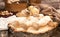 Oyster mushrooms king mushrooms on wooden background. Preparing