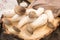 Oyster mushrooms king mushrooms on wooden background. Preparing