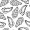 Oyster seamless vector pattern. Open and closed shells of an edible clam. Hand drawn doodle bivalve molluscs. Black outline of a