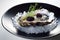 Oysters served with caviar on a black plate in a luxury restaurant, closeup. Generative AI