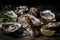 Oysters served with herbs, lemon and ice on dark wooden background. Generative AI