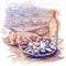 Oysters served on ice with a bottle of white wine and fresh bread. Panorama of the marina with boats on a background