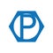 P logo with a blue octagon frame shape