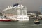 P&O`s MV Britannia, tug Svitzer Eston and Red Funnel ferry Red Kestrel at Ocean terminal Southampton