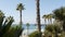 Pacific ocean beach, palm tree and pier. Tropical waterfront resort near Los Angeles California USA.