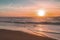 Pacific ocean sunset and silhouette of birds. Beautiful waves with sun reflection, and bright cloudy sky on background