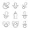 Pacifier baby care child icons set, outline style