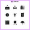 Pack of 9 creative Solid Glyphs of direction, arrows, currency, arrow, bitcoin