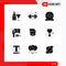 Pack of 9 creative Solid Glyphs of shut, mouth, camera, hostage, recording