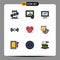 Pack of 9 Modern Filledline Flat Colors Signs and Symbols for Web Print Media such as heart, ui, monitor, signal, basic