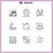 Pack of 9 Modern Outlines Signs and Symbols for Web Print Media such as chinese, pool, technology, platform, diving