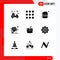 Pack of 9 Modern Solid Glyphs Signs and Symbols for Web Print Media such as release, package, fast food, business, wheelbarrow