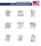 Pack of 9 USA Independence Day Celebration Lines Signs and 4th July Symbols such as frankfurter; sign; america; dollar; usa