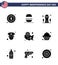 Pack of 9 USA Independence Day Celebration Solid Glyphs Signs and 4th July Symbols such as usa; map; building; police; man