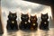 A pack of clever cats with shining neckpieces, in the city streets. AI generated