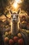 Pack llama carrying apples in an orchard with sunset.