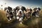 a pack of puppies, running and playing together in a field