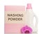 Pack washing powder, liquid bottle and orchid flower isolated.