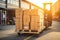 Package Boxes Wrapped Plastic Stacked on Pallets Load into Cargo Container. Trucks Loading Dock Warehouse. Supply Chain Shipment