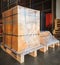 Package Boxes Wrapped Plastic Stacked on Pallets. Warehouse Shipping, Shipment Boxes, Supply Chain