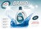 Package design for Liquid Detergents ads with water splash. Laundry detergent. Branded bleach, fabric softener. Template banner or