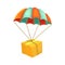 Package flying on parachute. Air shipping. Box vector icon. Delivery service concept.