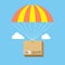 Package flying on parachute, delivery service concept. Flat desi