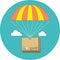 Package flying on parachute, delivery service concept. Flat design.