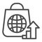 Package with globe and upward arrow line icon. Consumer demand growth symbol, outline style pictogram on white
